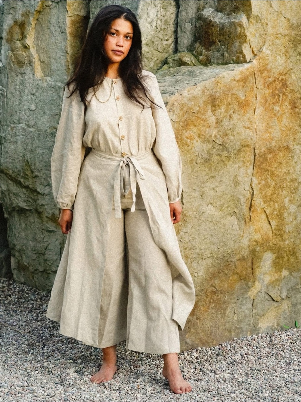 Neutral Beige Wide-Leg Linen Jumpsuit with Tie Waist Wrap Around Skirt